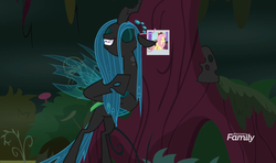 Size: 1586x939 | Tagged: safe, screencap, fluttershy, queen chrysalis, changeling, changeling queen, g4, the mean 6, female, tree