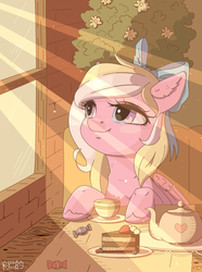 Size: 2300x3086 | Tagged: safe, artist:riko-teki, oc, oc only, oc:bay breeze, pegasus, pony, bow, cafe, cake, cottagecore, cute, female, food, hair bow, heart eyes, high res, looking up, mare, tea, wingding eyes
