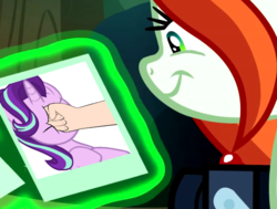 Size: 812x614 | Tagged: safe, edit, edited screencap, screencap, crackle cosette, queen chrysalis, starlight glimmer, human, unicorn, g4, the mean 6, abuse, chrysalis sure does hate starlight, chrysalis' picture, cropped, disguise, disguised changeling, female, glimmerbuse, hand, meme, photo, punch, schadenfreude, smiling, solo, starlight vs chrysalis