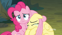 Size: 1920x1080 | Tagged: safe, screencap, fluttershy, pinkie pie, earth pony, pegasus, pony, g4, the mean 6, comforting, crying, discovery family logo, floppy ears, hug, sad