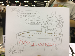 Size: 1024x768 | Tagged: safe, artist:andypriceart, applejack, earth pony, pony, g4, applesauce, cowboy hat, female, grayscale, hat, looking at you, mare, monochrome, pencil drawing, photo, solo, that pony sure does love apples, traditional art, tub