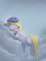 Size: 630x820 | Tagged: safe, artist:dusthiel, derpy hooves, pegasus, pony, g4, cloud, eyes closed, female, ice pack, lying on a cloud, mare, prone, solo