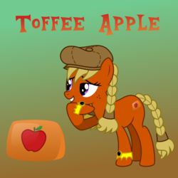 Size: 1080x1080 | Tagged: safe, artist:tacobender, oc, oc only, oc:toffee apple, earth pony, pony, apple, braid, braided ponytail, braided tail, cutie mark, female, food, mare, orange coat, purple eyes, solo, vector