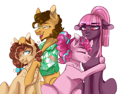Size: 1973x1486 | Tagged: safe, artist:anyatrix, cheese sandwich, pinkie pie, oc, oc:cinnamon toast, oc:shortcake, earth pony, pony, g4, beard, facial hair, female, floppy ears, glasses, male, mare, offspring, older, one eye closed, parent:cheese sandwich, parent:pinkie pie, parents:cheesepie, ship:cheesepie, shipping, simple background, straight, tongue out, white background