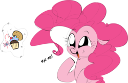 Size: 2532x1649 | Tagged: safe, artist:hattsy, pinkie pie, earth pony, pony, g4, candy, cookie, cupcake, cute, dialogue, diapinkes, female, food, magic, mare, open mouth, simple background, smiling, solo, telekinesis, white background