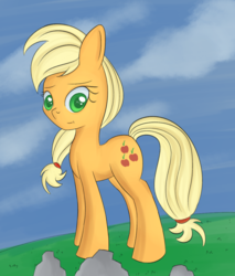 Size: 985x1157 | Tagged: safe, artist:brok-enwings, applejack, earth pony, pony, g4, blonde, female, freckles, hatless, looking at you, mare, missing accessory, smiling, solo