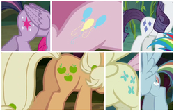 Size: 1094x701 | Tagged: safe, edit, edited screencap, screencap, mean applejack, mean fluttershy, mean pinkie pie, mean rainbow dash, mean rarity, mean twilight sparkle, alicorn, earth pony, pegasus, pony, g4, the mean 6, altered cutie mark, butt, clone, clone six, cutie mark, elements of disharmony, evil rainbow dash, female, mare, mean six, palette swap, plot, recolor, upside down cutie mark, wrong color