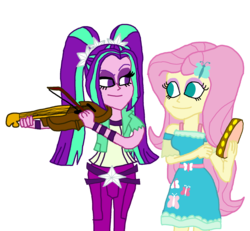 Size: 2000x1847 | Tagged: safe, artist:bigpurplemuppet99, aria blaze, fluttershy, equestria girls, g4, my little pony equestria girls: better together, my little pony equestria girls: rainbow rocks, ariashy, female, lesbian, looking at each other, musical instrument, raised eyebrow, shipping, simple background, tambourine, transparent background, violin