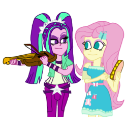 Size: 2000x1847 | Tagged: safe, artist:bigpurplemuppet99, aria blaze, fluttershy, equestria girls, g4, my little pony equestria girls: better together, my little pony equestria girls: rainbow rocks, female, lesbian, looking at each other, musical instrument, raised eyebrow, ship:ariashy, shipping, simple background, tambourine, transparent background, violin