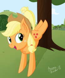Size: 2500x3000 | Tagged: safe, artist:arcane-thunder, applejack, earth pony, pony, g4, applebucking, cowboy hat, digital art, female, hat, high res, mare, open mouth, signature, solo, stetson, tree