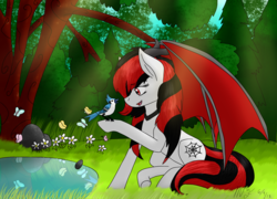 Size: 1424x1028 | Tagged: safe, artist:midnightfire1222, oc, oc only, oc:ariana, blue jay, butterfly, demon pony, pony, clearing, female, flower, forest, pond, relaxed, rock, solo, tree