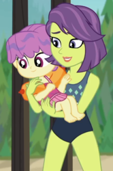 Size: 460x692 | Tagged: safe, screencap, victoria, water lily (g4), equestria girls, g4, my little pony equestria girls: better together, turf war, barefoot, clothes, cropped, feet, female, mother and daughter, swimsuit, toddler