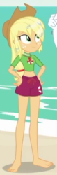 Size: 155x473 | Tagged: safe, screencap, applejack, equestria girls, g4, my little pony equestria girls: better together, turf war, adorasexy, barefoot, beach, belly button, clothes, cropped, cute, feet, female, geode of super strength, hand on hip, legs, magical geodes, midriff, ocean, sand, sexy, smiling, solo, swimsuit, wet