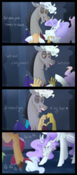 Size: 1024x2326 | Tagged: safe, artist:torielity, discord, princess celestia, alicorn, pony, g4, angry, celestia is not amused, comic, curved horn, female, hamilton, heart hands, horn, male, pink-mane celestia, ship:dislestia, shipping, singing, song reference, straight, unamused, younger