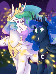 Size: 1024x1365 | Tagged: safe, artist:torielity, princess celestia, princess luna, firefly (insect), g4, curved horn, cute, ethereal mane, horn, looking at something, night, royal sisters, smiling