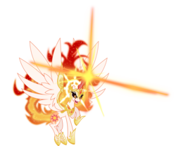 Size: 5000x4142 | Tagged: safe, artist:orin331, daybreaker, nightmare star, pony, g4, absurd resolution, female, flying, fusion, glowing horn, halo, horn, magic, mane of fire, mare, merged daybreaker, merged zamasu, simple background, solo, the inferno has been doubled, transparent background, two flaming sunponies