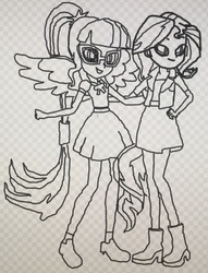 Size: 1934x2526 | Tagged: safe, artist:php77, editor:php77, sci-twi, sunset shimmer, twilight sparkle, equestria girls, g4, my little pony equestria girls: better together, line drawing