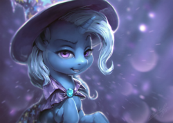 Size: 1200x850 | Tagged: safe, artist:assasinmonkey, trixie, pony, unicorn, g4, cape, clothes, digital painting, female, hat, looking at you, mare, solo, trixie's cape, trixie's hat