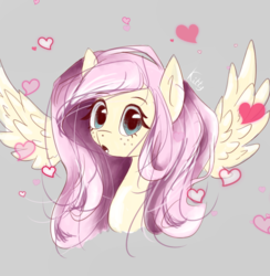 Size: 782x800 | Tagged: safe, artist:kittumera, fluttershy, pegasus, pony, g4, bust, cute, female, floating wings, gray background, heart, looking at you, mare, open mouth, portrait, shyabetes, simple background, solo, spread wings, wings