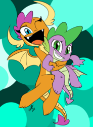 Size: 820x1114 | Tagged: safe, artist:emositecc, smolder, spike, dragon, g4, cute, duo, female, flying, grin, holding, hug, male, nervous, nervous smile, one eye closed, one eye open, open mouth, signature, smiling, smolderbetes, spikabetes, winged spike, wings