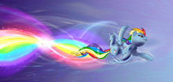 Size: 2406x1148 | Tagged: safe, artist:xbi, rainbow dash, pegasus, pony, g4, barrel roll, female, flexible, flying, mare, rainbow, solo, wavy mouth