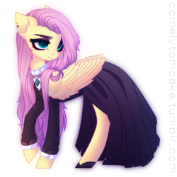 Size: 1604x1603 | Tagged: dead source, safe, artist:shenki, fluttershy, pegasus, pony, fake it 'til you make it, g4, clothes, ear piercing, earring, female, fluttergoth, folded wings, hair over one eye, jewelry, mare, piercing, raised hoof, shoes, simple background, skirt, solo, turned head, white background