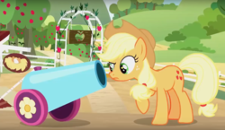 Size: 2675x1552 | Tagged: safe, screencap, applejack, g4, season 8, yakity-sax, party cannon, this will end well, what could possibly go wrong, youtube link