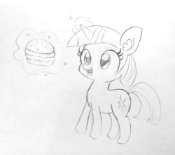 Size: 1627x1440 | Tagged: safe, artist:tjpones, twilight sparkle, pony, unicorn, g4, burger, cute, ear fluff, female, food, glowing horn, grayscale, hay burger, horn, lineart, magic, mare, monochrome, solo, telekinesis, traditional art, twiabetes, twilight burgkle, unicorn twilight, younger