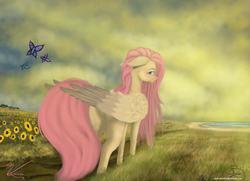 Size: 3373x2440 | Tagged: safe, artist:vinicius040598, fluttershy, butterfly, pegasus, pony, g4, female, floppy ears, flower, flower field, folded wings, freckles, grass, grass field, high res, looking at you, looking back, looking back at you, outdoors, profile, signature, solo, standing, sunflower, sunset