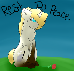 Size: 4800x4600 | Tagged: safe, artist:diane-thorough, oc, oc only, oc:dianthus, pony, unicorn, absurd resolution, controversial, curved horn, female, floppy ears, fluffy, horn, memorial, rest in peace, sad, sitting, solo, upset, xxxtentacion