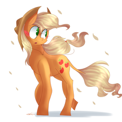 Size: 1500x1500 | Tagged: safe, artist:dddreamdraw, applejack, earth pony, pony, g4, blushing, cowboy hat, cute, female, hat, jackabetes, leonine tail, looking back, mare, simple background, solo, stetson, white background
