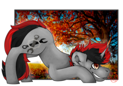 Size: 5000x3500 | Tagged: safe, artist:diane-thorough, oc, oc only, oc:moonlight shadow, pony, unicorn, autumn, face down ass up, leaves, male, playful, playing, simple background, smiling, solo, transparent background, tree