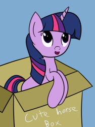 Size: 1668x2224 | Tagged: safe, artist:joey, twilight sparkle, pony, unicorn, g4, blank flank, blue background, box, cardboard box, cute, female, filly, leaning, looking up, simple background, solo, twiabetes, younger