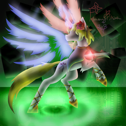 Size: 5800x5800 | Tagged: safe, artist:florarena-kitasatina/dragonborne fox, pony, unicorn, absurd resolution, artificial alicorn, augmented, clothes, crossover, cyberspace, female, flower, fragmented wings, hime (suguri), jewelry, magic, magic wings, orb, plasma wings, ponified, rearing, rose, shawl, shoes, signature, solo, watermark, wings