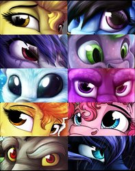 Size: 3000x3800 | Tagged: safe, artist:lupiarts, discord, dj pon-3, pinkie pie, princess luna, spike, spitfire, vinyl scratch, oc, alicorn, draconequus, dragon, earth pony, pegasus, pony, unicorn, g4, aside glance, crying, eyememe, female, glare, high res, lidded eyes, looking at you, male, mare, nightmare luna, nose wrinkle, ori, ori and the blind forest, rain, raised eyebrow, spyro the dragon, spyro the dragon (series), wet