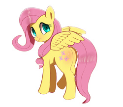 Size: 1500x1306 | Tagged: safe, artist:welive, fluttershy, pegasus, pony, g4, alternate hairstyle, butt, cute, female, looking at you, looking back, looking back at you, mare, plot, shyabetes, simple background, smiling, solo, spread wings, white background, wings