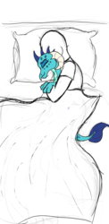 Size: 714x1467 | Tagged: safe, artist:frikdikulous, princess ember, oc, oc:anon, dragon, human, g4, bed, cuddling, duo, female, human on dragon snuggling, male, simple background, sleeping, spooning