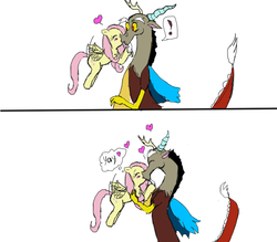 Size: 800x700 | Tagged: safe, artist:momoka123, discord, fluttershy, draconequus, pegasus, pony, g4, 2 panel comic, comic, confused, exclamation point, female, heart, kissing, male, ship:discoshy, shipping, simple background, speech bubble, straight, white background