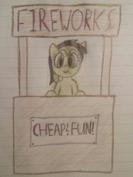 Size: 1440x1920 | Tagged: safe, anonymous artist, artist:anonymous, oc, oc only, oc:leslie fair, pony, /mlpol/, anarcho-capitalism, drawthread, explosives, fireworks, happy, lined paper, merchant, smiling, solo, stand, traditional art, vendor