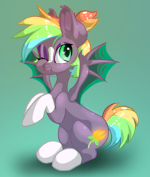 Size: 5574x6540 | Tagged: safe, artist:roaert, oc, oc only, oc:flora hue, bat pony, pony, absurd resolution, bat pony oc, colored hooves, cute, fangs, gradient background, one eye closed, rainbow hair, rearing, solo, wink
