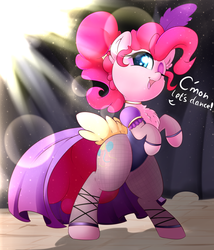 Size: 2400x2800 | Tagged: safe, artist:madacon, pinkie pie, earth pony, pony, g4, adorasexy, bipedal, chest fluff, clothes, cute, feather in hair, female, fishnet stockings, high res, leotard, mare, one eye closed, saloon dress, saloon pinkie, sexy, solo, stage, wink