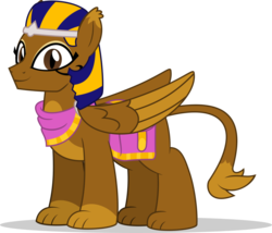 Size: 1024x875 | Tagged: safe, artist:mlp-trailgrazer, oc, oc only, sphinx, bandana, commission, looking at you, male, saddle bag, simple background, smiling, solo, sphinx oc, transparent background