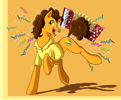 Size: 1700x1400 | Tagged: safe, artist:taledemon, cheese sandwich, earth pony, pony, g4, accordion, clothes, confetti, male, musical instrument, orange background, prehensile tail, shirt, simple background, solo, stallion, streamers