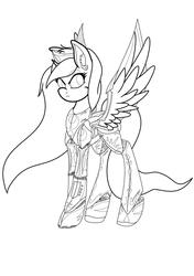 Size: 2079x2953 | Tagged: safe, artist:acespade777, oc, oc only, oc:blackjack, alicorn, cyborg, pony, fallout equestria, fallout equestria: project horizons, alicorn oc, armor, fallout, fanfic art, high res, lineart, monochrome, solo