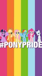 Size: 540x960 | Tagged: dead source, safe, edit, applejack, fluttershy, pinkie pie, rainbow dash, rarity, twilight sparkle, alicorn, earth pony, pegasus, pony, unicorn, g4, official, cowboy hat, double wings, female, gay pride flag, hasbro, hashtag, hat, instagram, lgbt, lidded eyes, looking at you, mane six, mare, multiple wings, one eye closed, pride, pride flag, pride month, twilight sparkle (alicorn), wallpaper, wink, you had one job