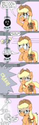 Size: 1000x3200 | Tagged: safe, artist:bjdazzle, applejack, derpy hooves, earth pony, pegasus, pony, applejack's "day" off, g4, molt down, season 7, season 8, the last roundup, comic, crash, female, flying, goggles, hammer, i just don't know what went wrong, implied spike, literal, mare, meta, pipe (plumbing), property damage, simple background, sweat, tape, toolbelt