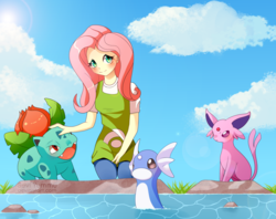 Size: 1024x813 | Tagged: safe, artist:seviyummy, fluttershy, dratini, espeon, ivysaur, equestria girls, g4, clothes, cloud, female, looking at you, pokémon, water