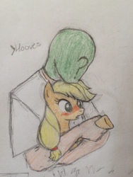 Size: 1280x960 | Tagged: safe, artist:kabayo, applejack, oc, oc:anon, earth pony, human, pony, g4, blushing, colored, female, holding a pony, holding hooves, hooves, human on pony hoof holding, male, mare, missing accessory, pencil drawing, simple background, traditional art, white background