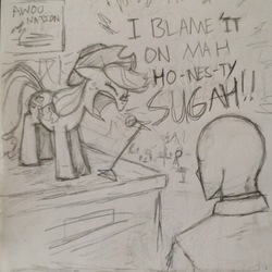 Size: 896x896 | Tagged: safe, artist:kabayo, applejack, oc, oc:anon, earth pony, human, pony, g4, awolnation, female, grayscale, karaoke, lineart, mare, microphone, monochrome, pencil drawing, pun, sail, screaming, singing, song reference, stage, traditional art