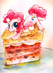 Size: 2041x2809 | Tagged: safe, artist:mashiromiku, pinkie pie, earth pony, pony, g4, cake, female, food, high res, micro, ponies in food, solo, strawberry cake, tiny ponies, traditional art, watercolor painting